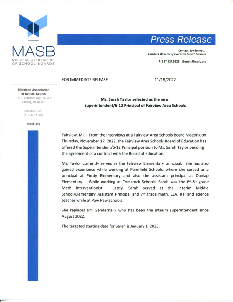 Press Release Superintendent Selected